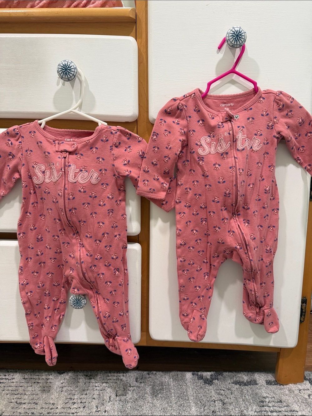 Twin set. Carter's Pink Floral "Little Sister" Footed One-Pieces (Pair)